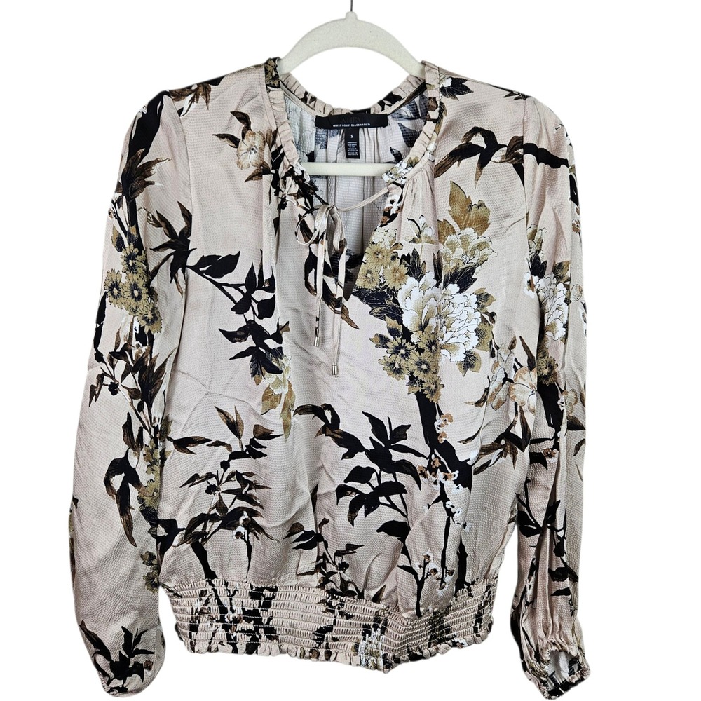 White House Black Market Floral Tie Neck Long‎ Sleeve Smocked Blouse Size S